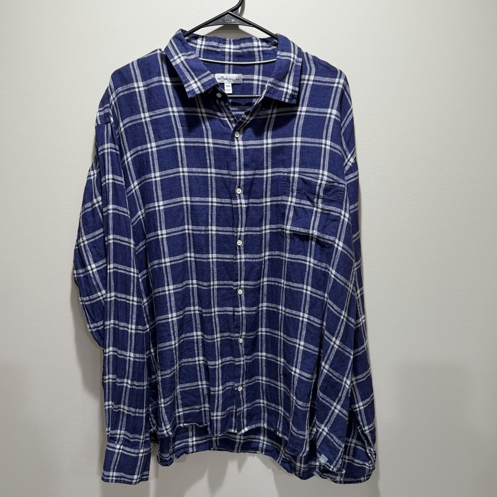 Peter Millar Men's Size XXL‎ Blue Plaid 100% Linen Button Up Long Sleeve Shirt - Picture 12 of 13